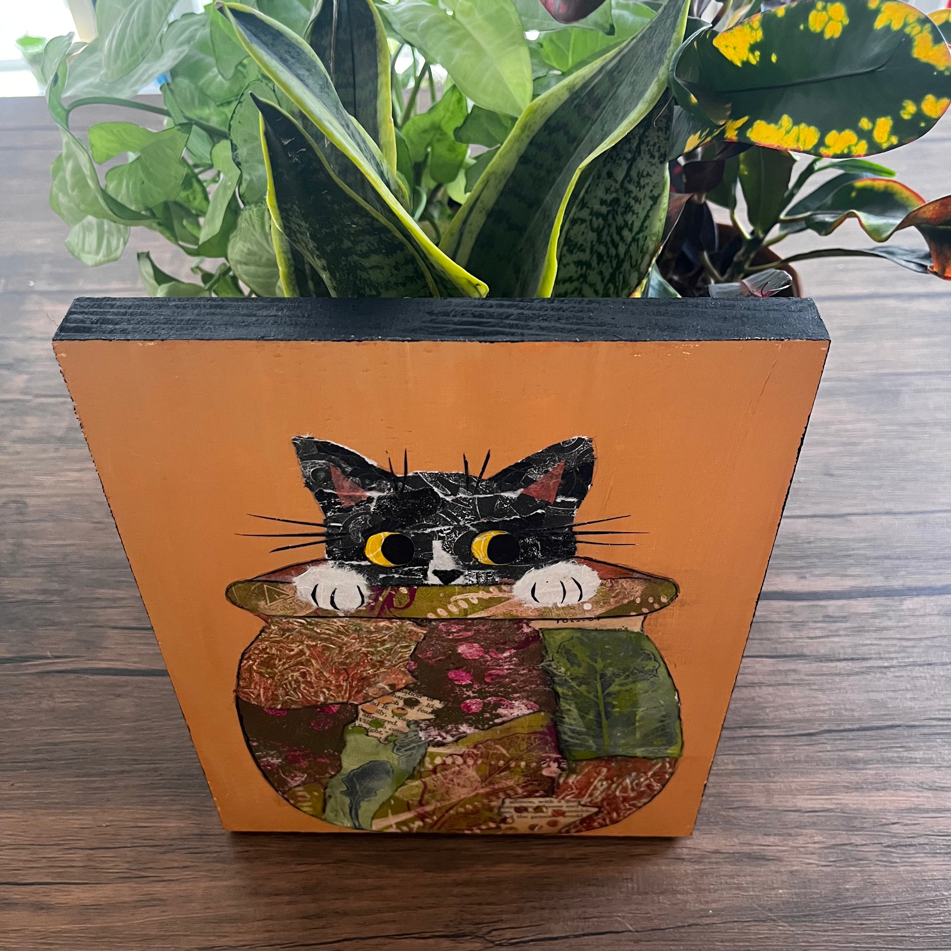 Cat in Pot Original Collage