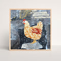 This 8x8 art print features a collage of a brown and red chicken on a dark, abstract background.  Fun fact text reads "Chicken.  A large and round short-winged bird domesticated from the red jungle fowl of Southeast Asia 8,000 years ago"