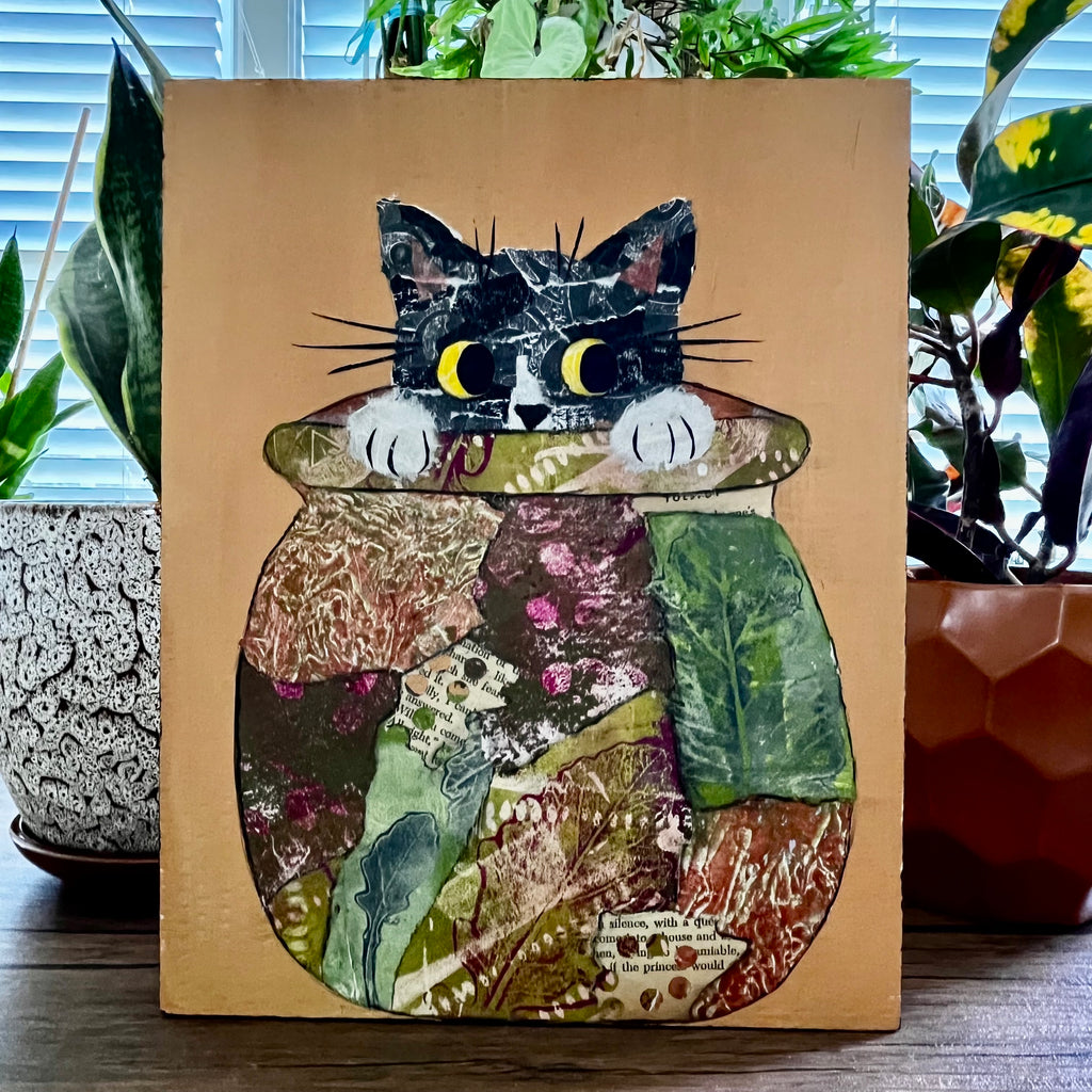 Cat in Pot Original Collage